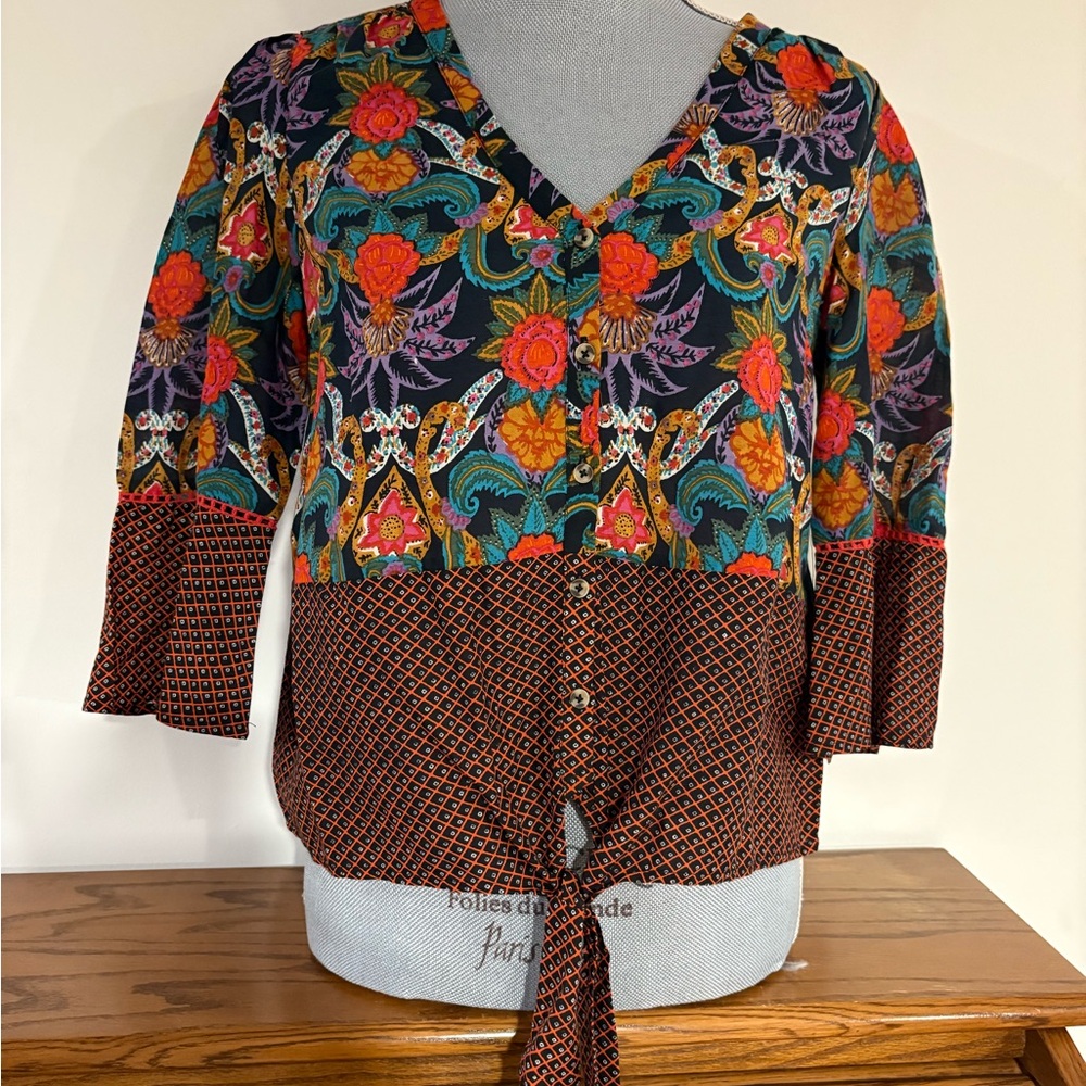 MAEVE by Anthropologie Women’s Floral Multicolor tie front v-neck Blouse size 6